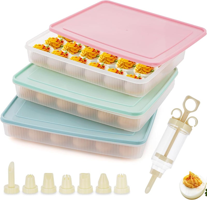 FACULX 3 Pack Deviled Egg Containers with Lid and 8 Pcs Deviled Egg Injector Piping Tool, Egg Organizer for Refrigerator, Fridge Stackable Countertop Portable Egg Platter (pink,blue,green) - Image 1